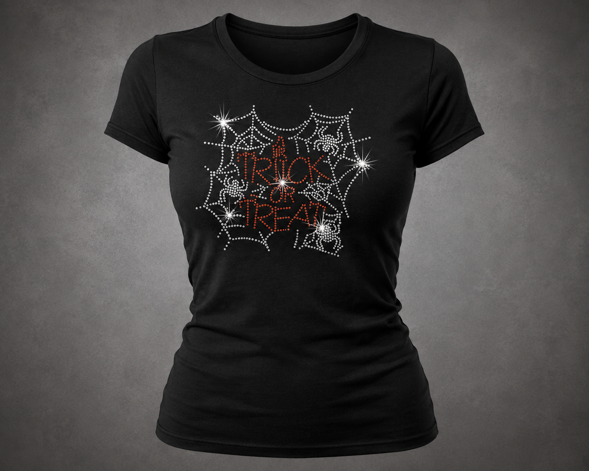 Trick or Treat Spiders Halloween Rhinestone T-Shirt