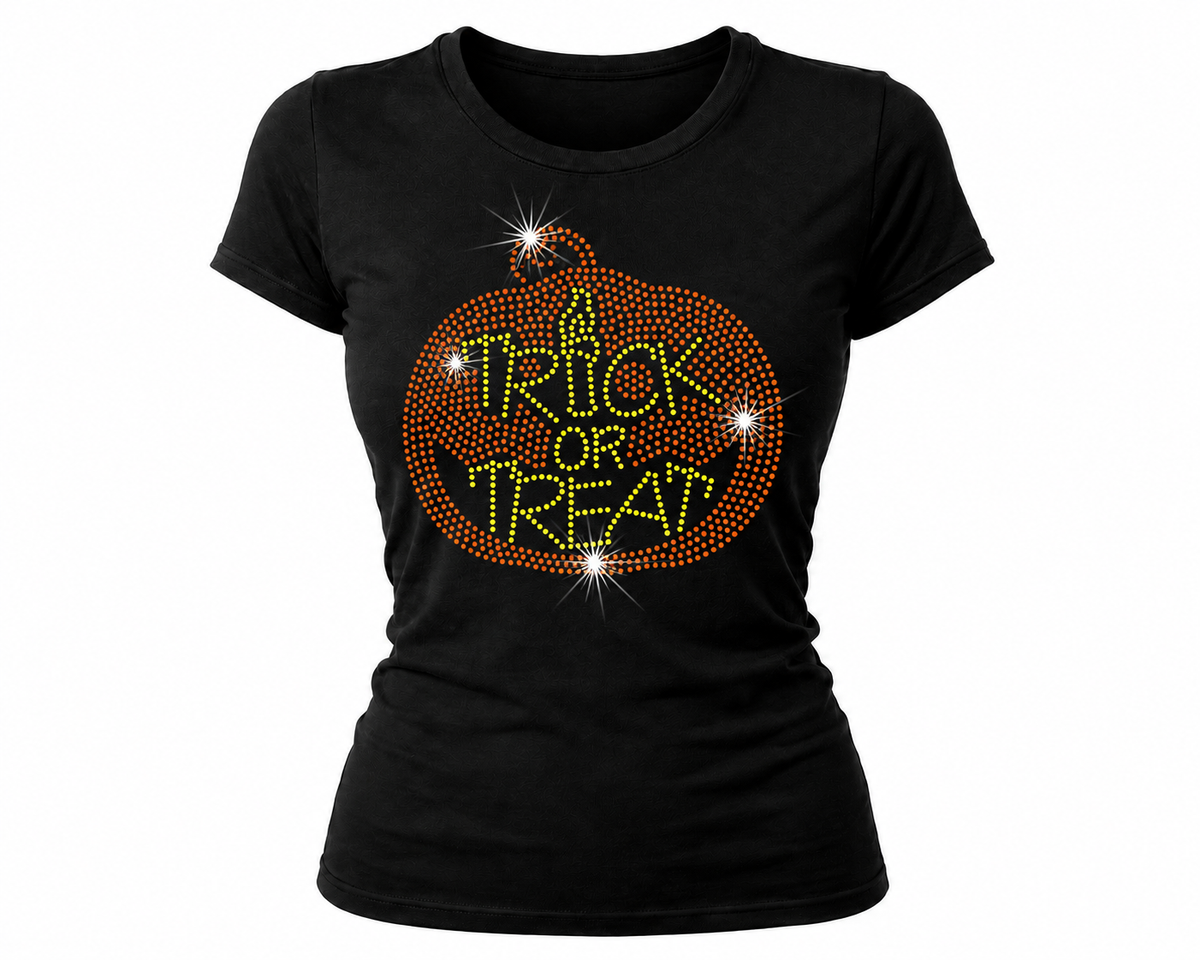 TRICK OR TREAT PUMPKIN - RHINESTONE HALLOWEEN T-SHIRT