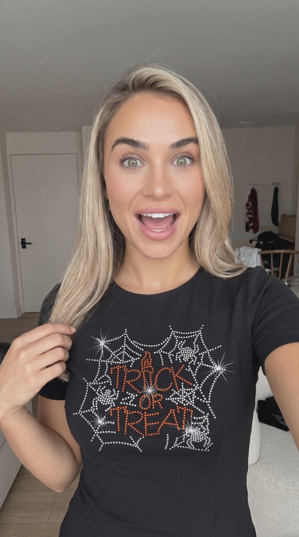 Trick or Treat Spiders Halloween Rhinestone T-Shirt